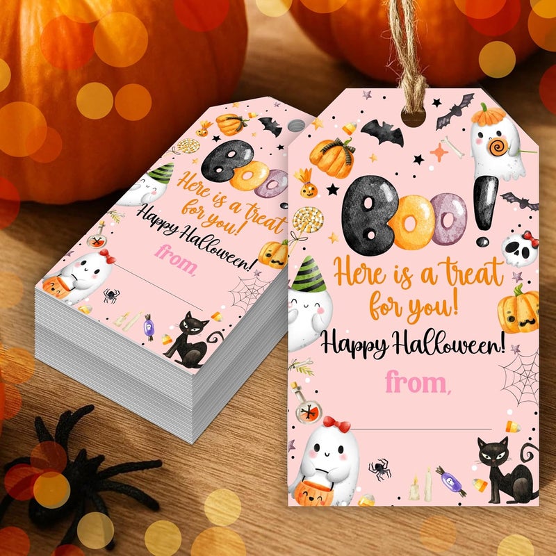 HandEasy 50 Pcs Halloween Tags with String, 2.1"×3.5" Boo Paper Gifts Tags, Pumpkin Trick or Treat for Candy, Ghost Happy Halloween Gifts Tag Wrap for Party Favor - B05 - Image 1